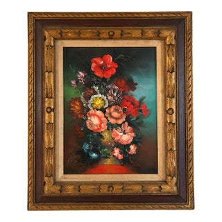 Vintage Original Floral Still Life Oil Painting on Canvas Bright Colors in Vintage Frame For Sale