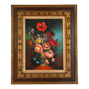 Vintage Original Floral Still Life Oil Painting on Canvas Bright Colors in Vintage Frame