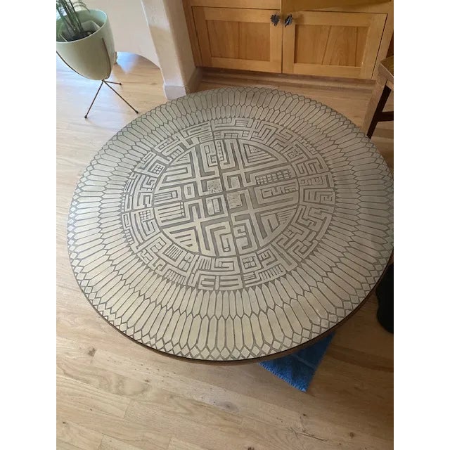 1972 Brutalist-Style Coffee Table; Signed: "G.Urso" on Etched Aztec Design Metal Top; Walnut Base. For Sale - Image 6 of 12