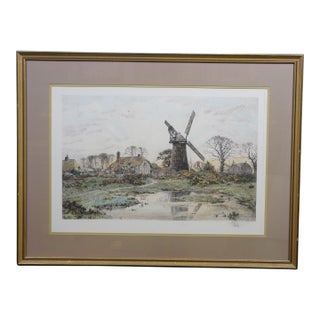 Antique 1886 Fred Slocombe Surrey England Windmill Landscape Etching 37" For Sale
