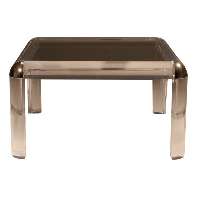 Square Acrylic and Brass Coffee Table in the style of Karl Springer, 1970s For Sale
