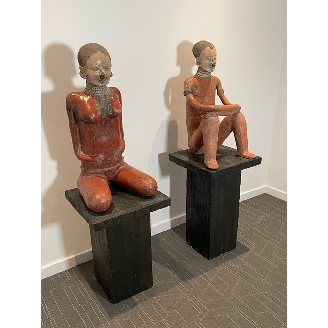 Beautiful pair of vintage Mexican red clay terracotta sculptures inspired by the ancient Pre-Columbian ceramic traditions...