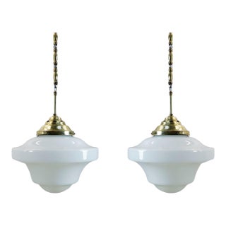 1930s Art Deco Milk Glass Pendant Lights Beautiful Long Chains Made of Brass - a Pair For Sale