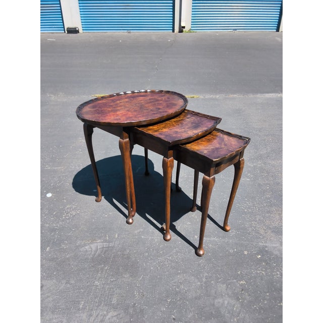 Queen Anne Vintage Burlwood Walnut Bevan Funnell Reprodux Nesting Tables Set of 3 For Sale - Image 3 of 5