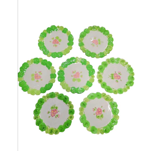Vintage Portuguese Majolica Geranium Palm Beach Style Dinner Plates Green Leaf & Pink Floral Cabbage Ware Set- 10 For Sale - Image 14 of 16