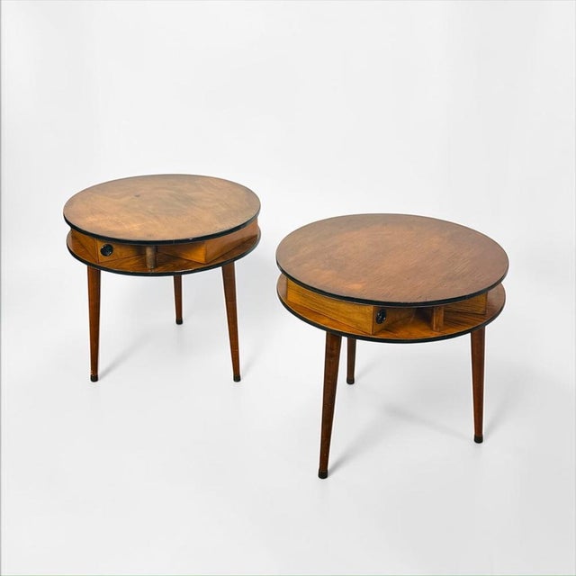 Black Italian Round Side Tables with Radial Drawers, 1950s, Set of 2 For Sale - Image 8 of 17