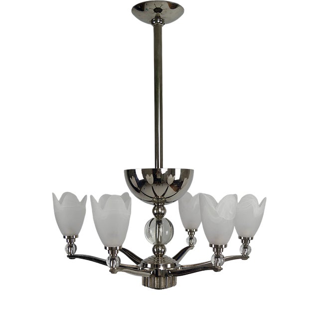 Art Deco Modernist Chrome Chandelier, France, 1930s For Sale