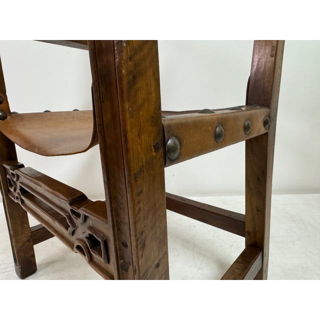 Vintage Spanish Walnut and Leather Armchair, 1950s For Sale - Image 3 of 16