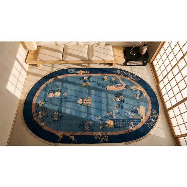 Textile 1920s Blue Scene Pictorial Oval Antique Chinese Peking Rug 7'3" X 9'8" Handknotted Wool Carpet For Sale - Image 7 of 9
