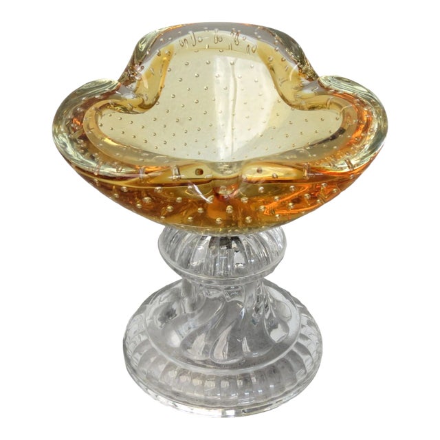 Vintage Gold Murano Blown Glass Bowl on Pedestal Base For Sale