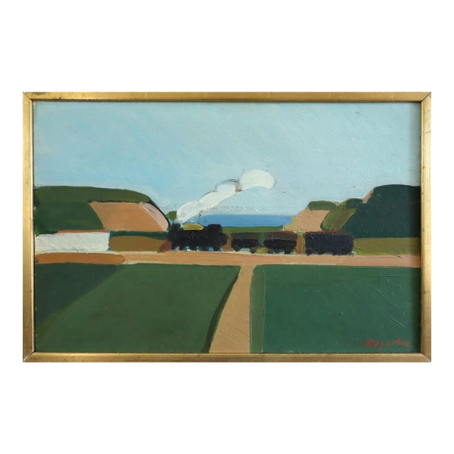 Mid-Century Modern 'The Stream Train' Vintage Original Landscape Oil Painting by Swedish Artist Eric Elfvén (1921–2008), Framed For Sale