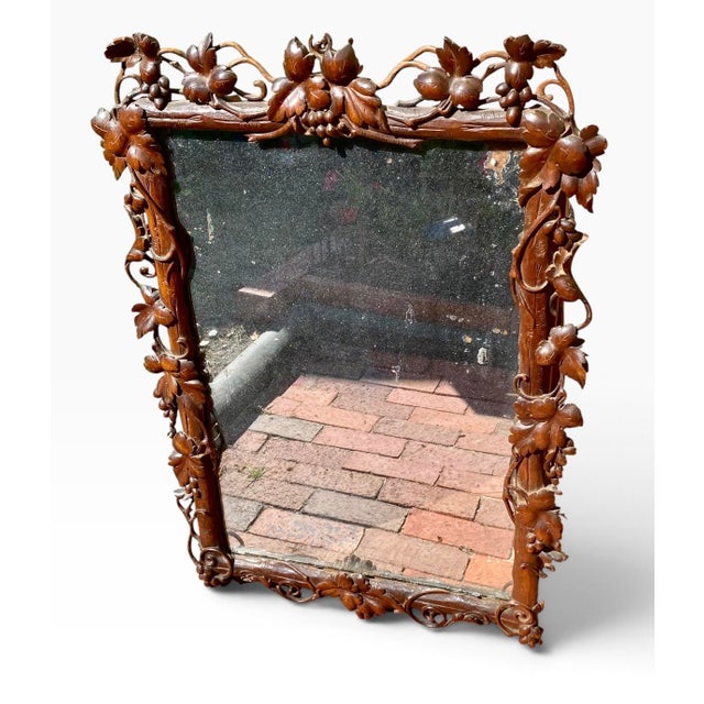 Black Forest Hand Carved Walnut Mirror Vines Leaves Berrys For Sale - Image 6 of 17
