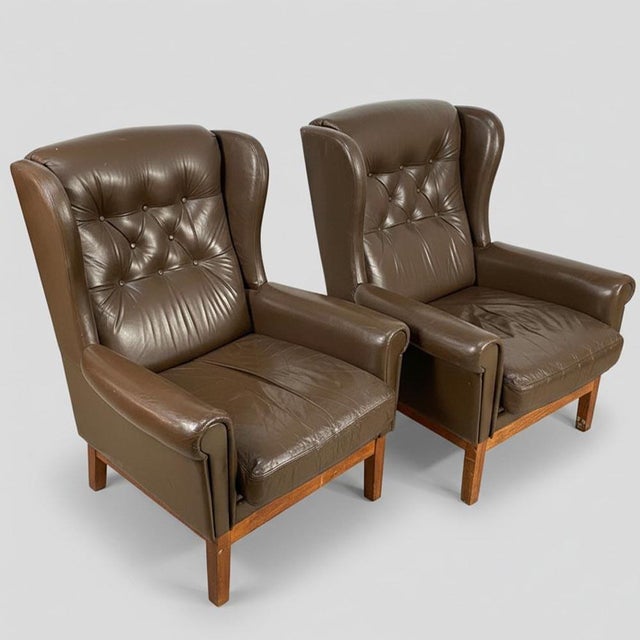 Nordic Wingback Chairs in Brown Leather, 1970, Set of 2 For Sale - Image 10 of 10