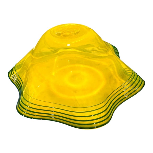 Blenko Centerpiece Bowl Large 16" Art Glass Yellow Green Threaded Large Signed Walter Blenko For Sale - Image 10 of 11