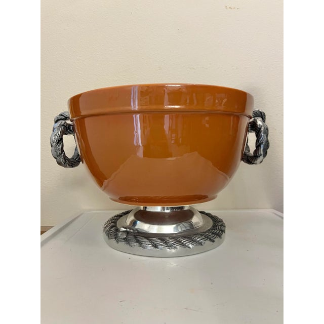 Beautiful Ceramic Carmel Brown Serving Bowl with Silver Rope Design. The metal handle rings and base could be Pewter....