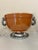 Beautiful Ceramic Carmel Brown Serving Bowl with Silver Rope Design. The metal handle rings and base could be Pewter....