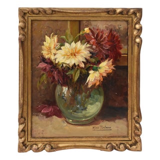 Kees Terlouw, Small Dahlias, Oil on Canvas, 20th Century, Framed For Sale