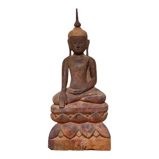 Beautiful Antique Carved Wood Painted Buddha For Sale