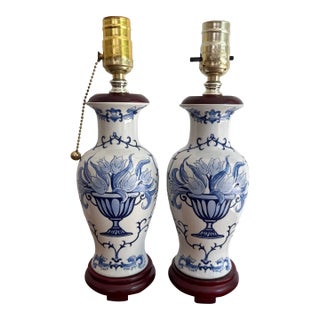 1990s Blue and White Floral Lamp Pair For Sale