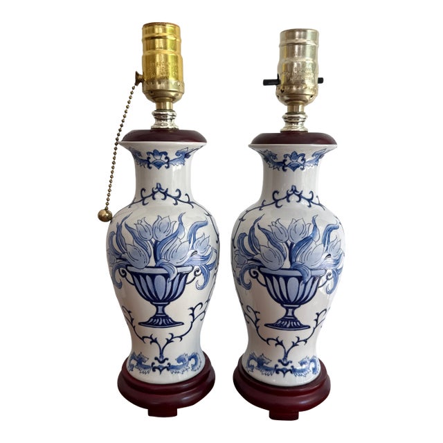 1990s Blue and White Floral Lamp Pair For Sale