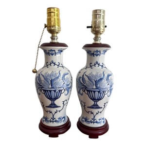 1990s Blue and White Floral Lamp Pair