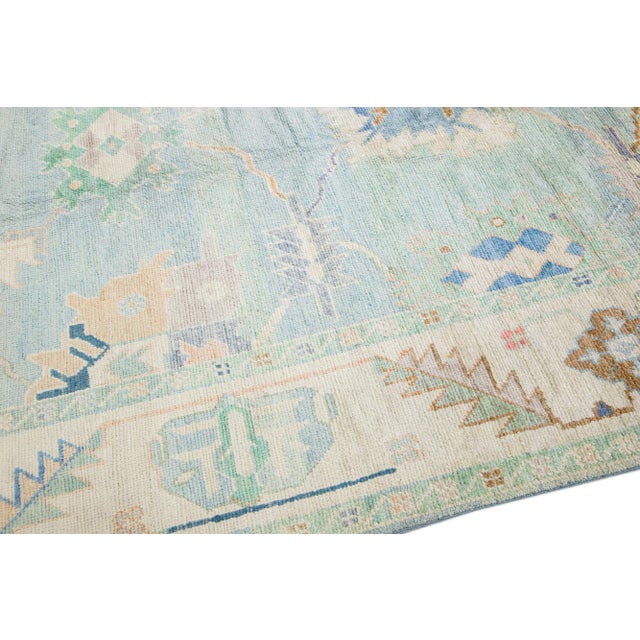 Modern Turkish Oushak Blue Handmade Floral Oversize Wool Rug For Sale - Image 9 of 11