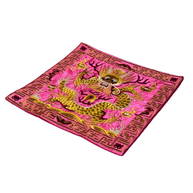 Asian Square Magenta Golden Dragon Bats Blossom Flower Fabric Display Art For Sale In San Francisco - Image 6 of 9