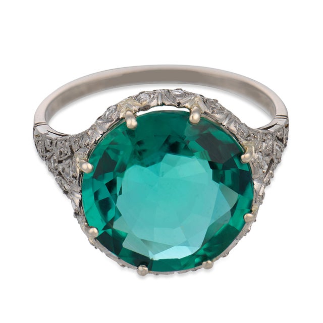 Art Deco 1930s Art Deco Gia 5.45 Carat Emerald Diamond Platinum Cocktail Ring, Size 7.75 For Sale - Image 3 of 6