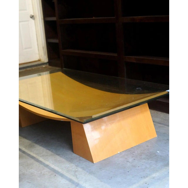 Vintage Italian Glass-Wood CoffeeTable | Postmodern 1970s Style | Sculptural Tempered Glass For Sale - Image 4 of 6