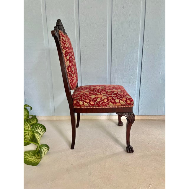 C. 1870 Antique American Victorian Rococo Revival Mahogany Parlor Chair With Carved Crest, Ball-and-Claw Feet, Tapestry Upholstery For Sale - Image 10 of 13