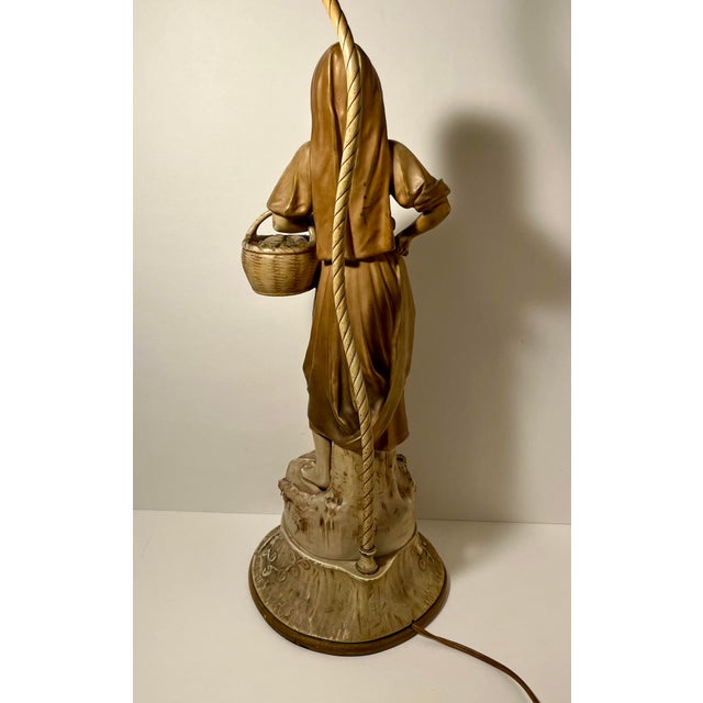 Wood Antique C.1920s j.b. Hirsch Figural Porcelain Lady Lamp Wood Chalkware Base 39.5 For Sale - Image 7 of 12