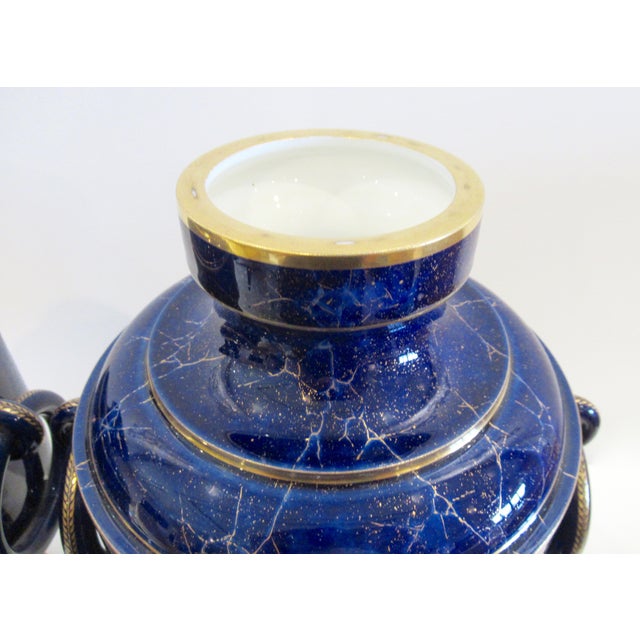 Metal Late 19th. Century French Sevres Porcelain Gilded Lapis Lazuli Ground Palace Ground Urns - Pair For Sale - Image 7 of 18