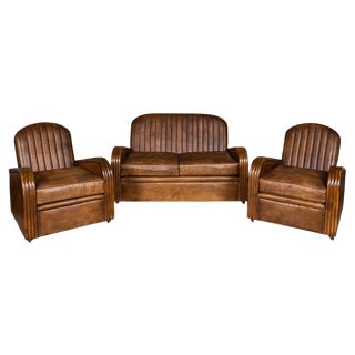 Art Deco Leather Tub Chairs & Sofa, 1920s, Set of 3 For Sale