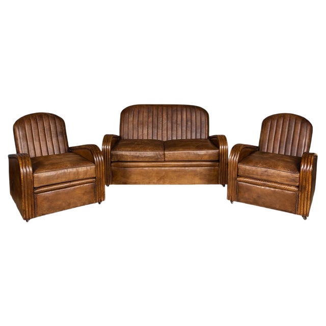 Art Deco Leather Tub Chairs & Sofa, 1920s, Set of 3 For Sale