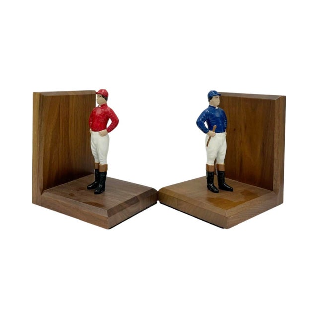 Wood Pair Vintage Equestrian Jockey Bookends Horse Racing Wood For Sale - Image 7 of 11
