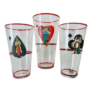 Antique Playing Card and Musician Hand-Painted Pint Glasses- Set of Three For Sale