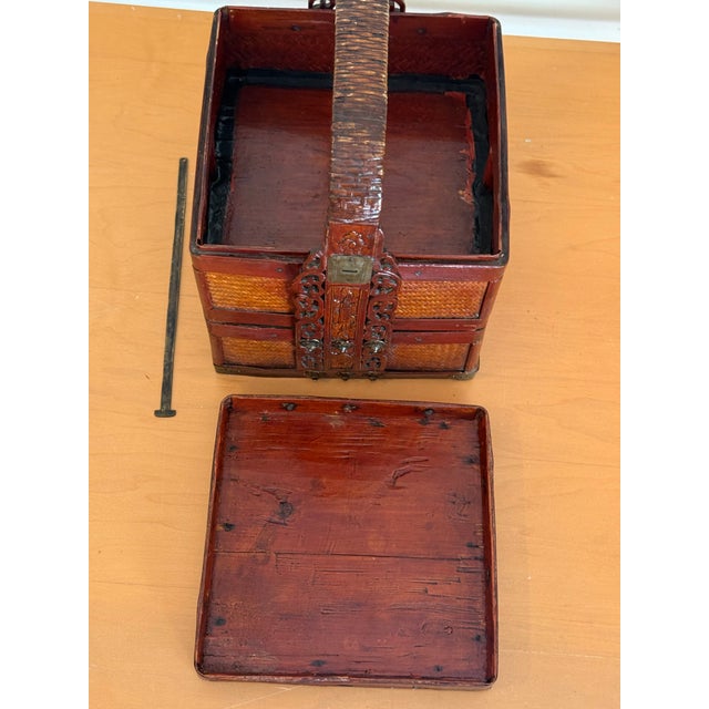 Wood Late 19th Century Chinese Red Lacquered Two-Tier Woven Wedding Basket For Sale - Image 7 of 12