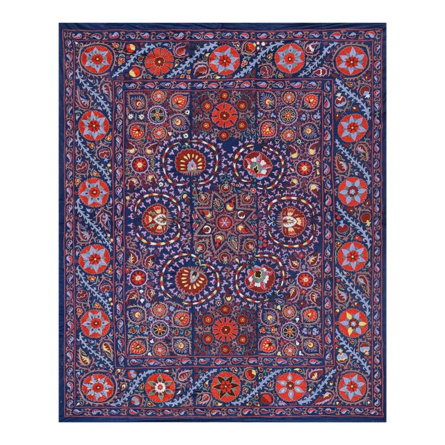 Silk Suzani Wall Decor - Blue Uzbek Embroidery Bedspread For Sale