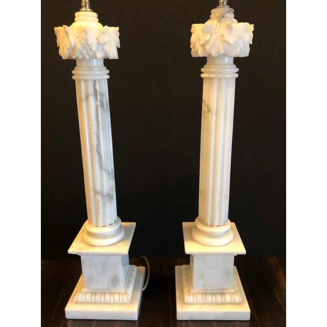 Hollywood Regency White & Grey Veined Column Marble Table Lamps - a Pair For Sale - Image 3 of 11