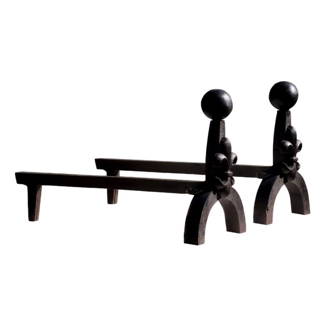 Neoclassical Brutalist Wrought Iron Andirons, France, 1970s, Set of 2 For Sale