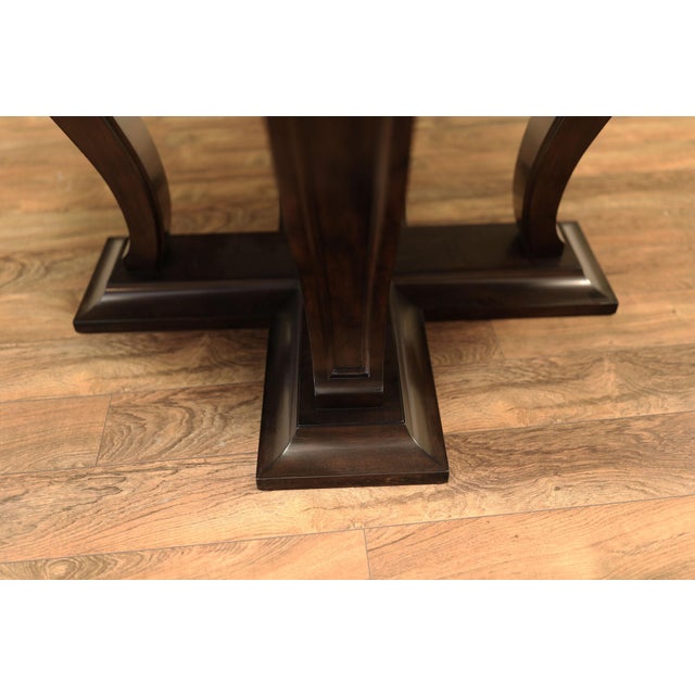 64 to 84 Round Transitional Ebonized Oak Jupe Table With Self-Storing Leaves Seats 6-10 People For Sale - Image 9 of 11