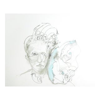 Late 20th Century Surrealist Drawing Bird and Portrait For Sale