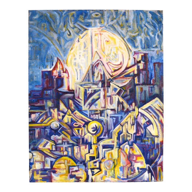 "Visions of the Metropolis" Visionary Moonlight and City Original Oil on Canvas For Sale