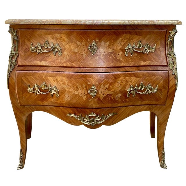 Louis XV Style Chest of Drawers in Marquetry and Veined Marble, 1930s For Sale - Image 4 of 11