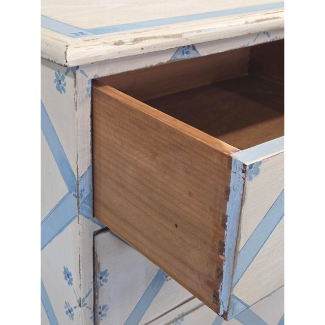 Mid 20th Century Vintage Rustic English Pine Five Drawer Dresser With Distress Painted and Stenciled Surface For Sale - Image 5 of 15