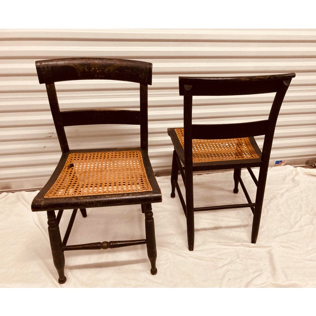 Antique Pair Hitchcock Chairs Black With Faded Greek Key Painting on Top of Chair Backs Cane Seats For Sale In Dallas - Image 6 of 11