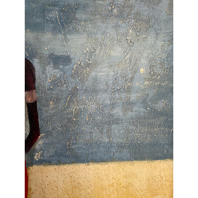 Striking vintage oil painting on canvas depicting a stylized African tribal figure standing against a simplified desert-...