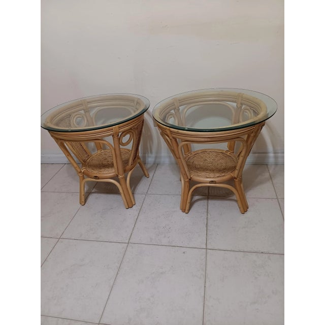 1980s Bamboo Rattan Wicker End Table Coastal Glass Top Set of Two For Sale - Image 4 of 5