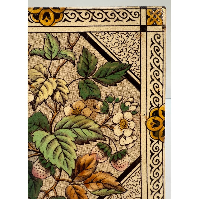 Antique English Glazed Ceramic Tiles Depicting Strawberries, Polychrome Transfer Decoration, Set of 2 For Sale - Image 4 of 8
