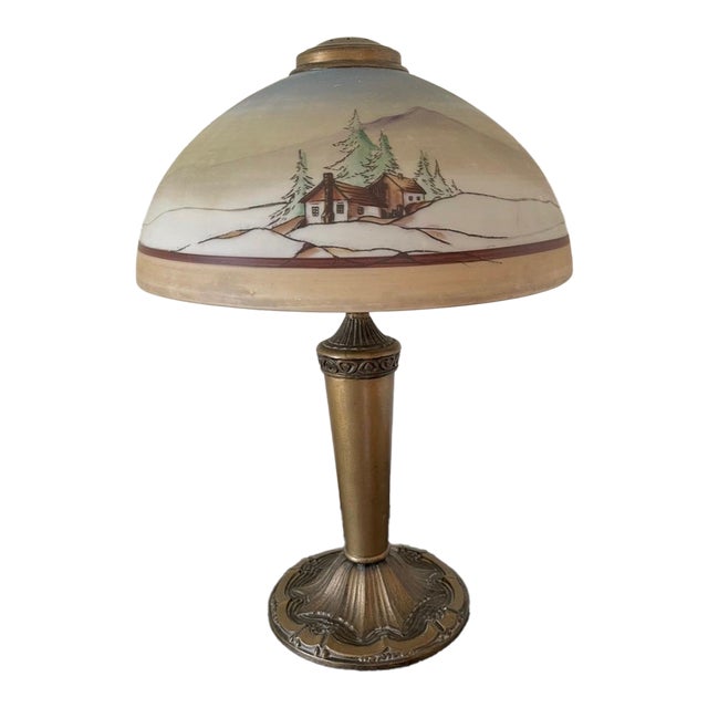 Antique C. 1920 Pittsburgh School Reverse-Painted 2-Light Glass Table Lamp - Winter Cabin Scene For Sale